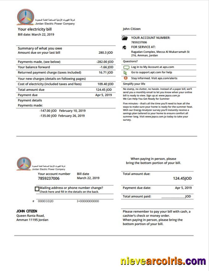 Jordan Jordanian Electric Power Co JEPCO electricity utility bill